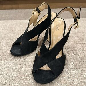 MICHAEL Michael Kors Women’s Black Suede Heels with Gold Buckle